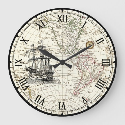 Galleon Sailing Ship  1789 Western Hemisphere Map Large Clock