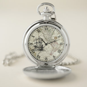 Galleon Sailing Ship ~ 1789 Western Hemisphere Map Pocket Watch