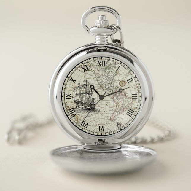 Galleon Sailing Ship ~ 1789 Western Hemisphere Map Pocket Watch (Inside)