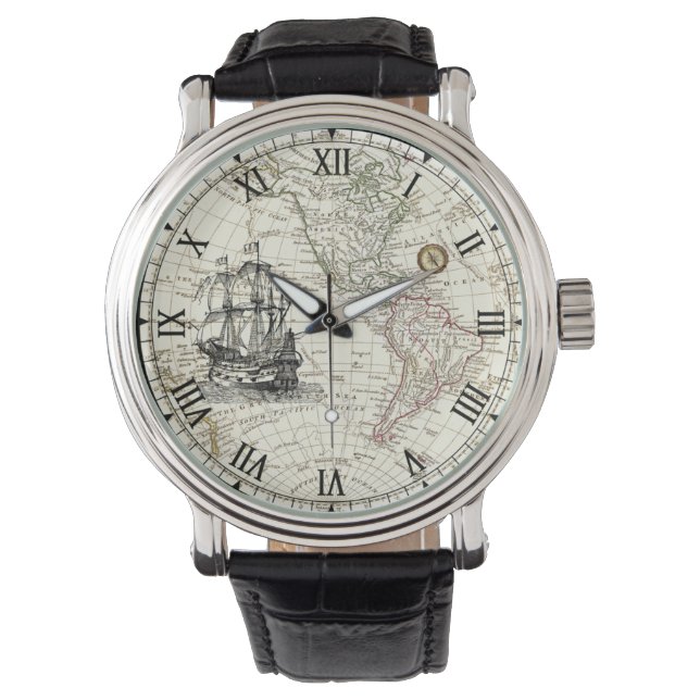 Galleon Sailing Ship ~ 1789 Western Hemisphere Map Watch (Front)
