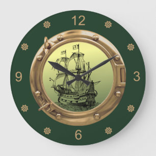 Galleon Sailing Ship ~ Brass Porthole ~ Large Clock