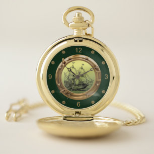 Galleon Sailing Ship ~ Brass Porthole ~ Pocket Watch