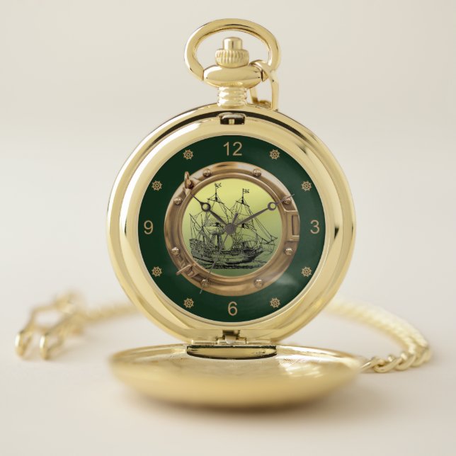 Galleon Sailing Ship ~ Brass Porthole ~   Pocket Watch (Inside)