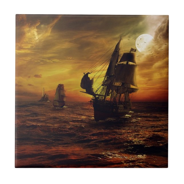 Galleons in the Moonlight Ceramic Tile (Front)