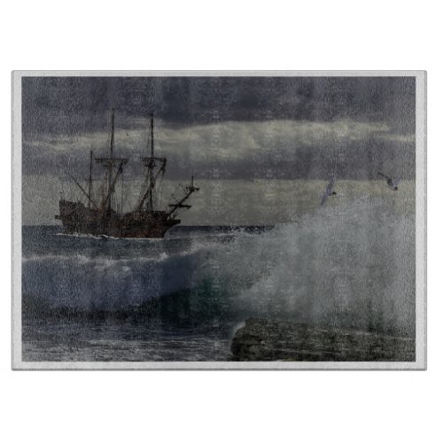Galleons ship at sail on a tortuous sea cutting board