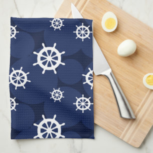 Galley Kitchen Ships Wheels Navy Blue and White Towel