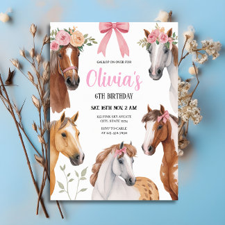 Gallop On Over Floral Horses & Bows Birthday Invitation