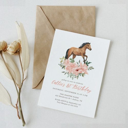 Gallop on Over Pink Floral Horse Birthday Invitation