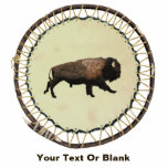 Galloping Bison Cutout<br><div class="desc">A galloping bison is painted on the skin side of a beaver pelt stretched on a willow hoop. The bison (Bison bison), the largest land mammal in North America, is considered a keystone species: they once roamed the continent in great herds, and their grazing pressure helped shape the ecology of...</div>
