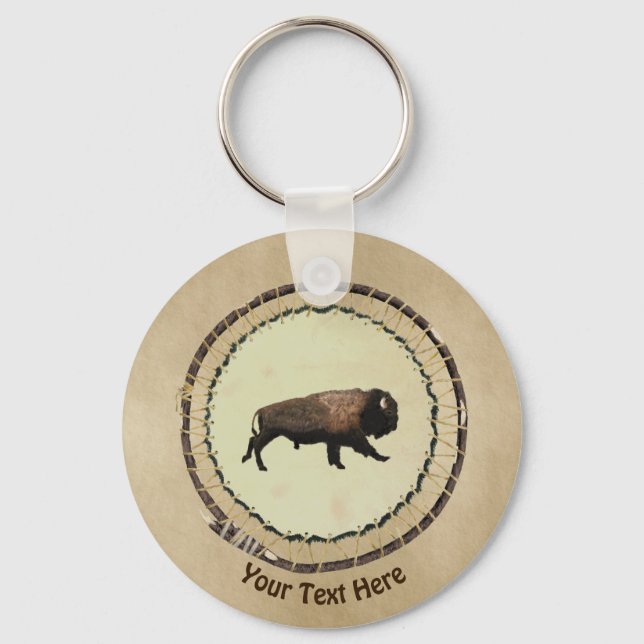 Galloping Bison On Old Paper Keychain (Front)