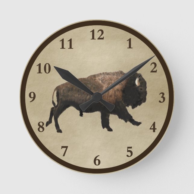 Galloping Bison On Old Paper Round Clock (Front)