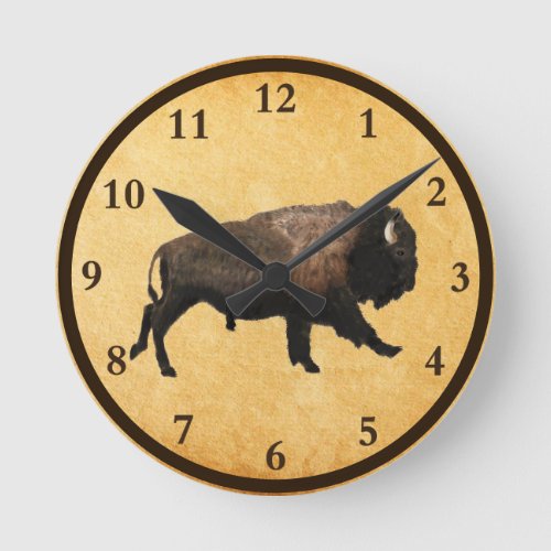 Galloping Bison On Old Paper Round Clock