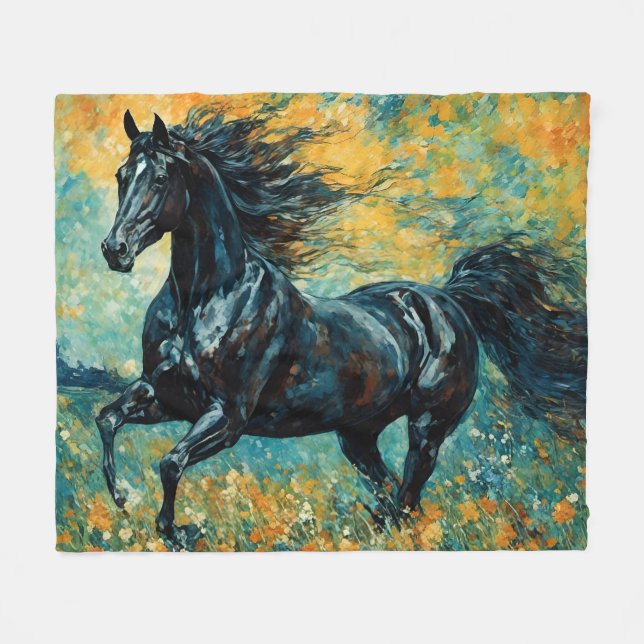 Galloping Black Stallion Fleece Blanket (Front (Horizontal))