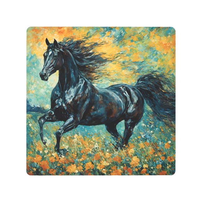 Galloping Black Stallion Metal Print (Front)