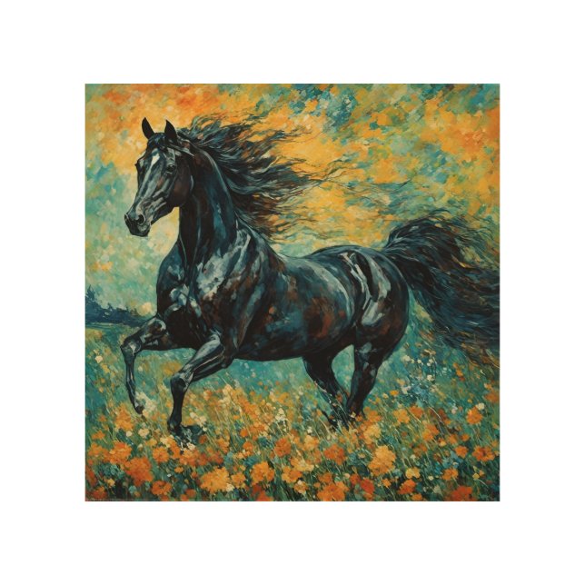 Galloping Black Stallion Wood Wall Art (Front)
