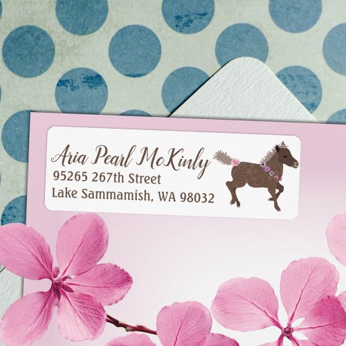 Galloping Brown Pony Pink Flowers Address Label