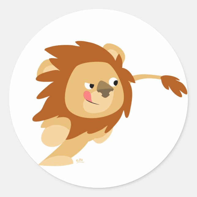 Galloping Cartoon Lion round sticker (Front)