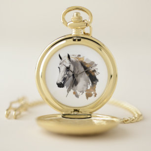 Galloping Grace White Horse Art Pocket Watch