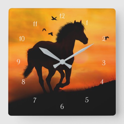 Galloping Horse and Birds in Sunset Square Wall Clock