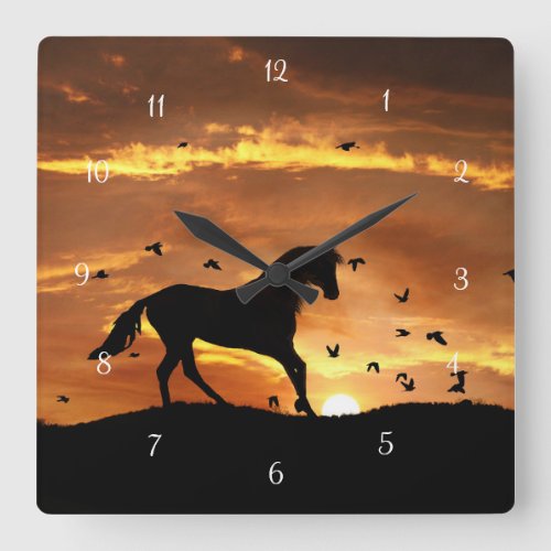 Galloping Horse and Birds Square Wall Clock