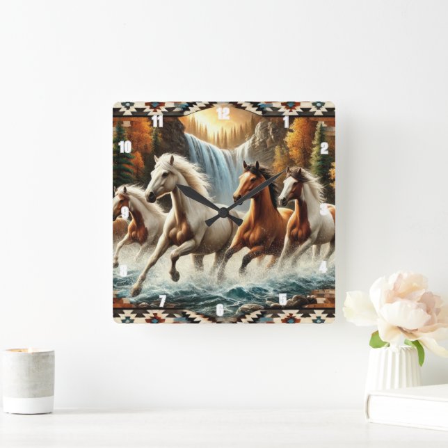 Galloping Horse Cascading Waterfall  Square Wall Clock (Home)