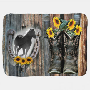 Galloping Horse Cowboy Boots Horseshoe Sunflowers Baby Blanket