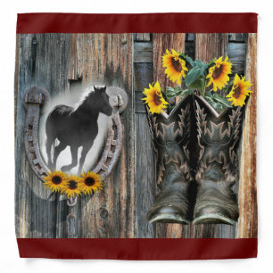Galloping Horse Cowboy Boots Horseshoe Sunflowers Bandana