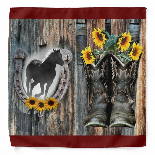 Galloping Horse Cowboy Boots Horseshoe Sunflowers Bandana (Front)