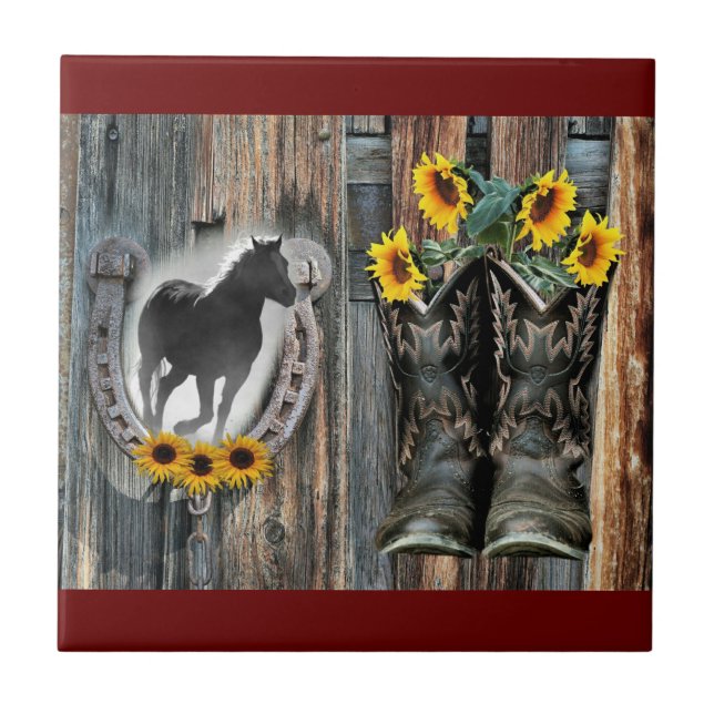 Galloping Horse Cowboy Boots Horseshoe Sunflowers Ceramic Tile (Front)