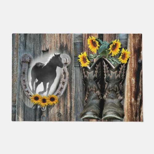 Galloping Horse Cowboy Boots Horseshoe Sunflowers Doormat