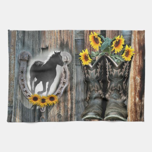 Galloping Horse Cowboy Boots Horseshoe Sunflowers Kitchen Towel