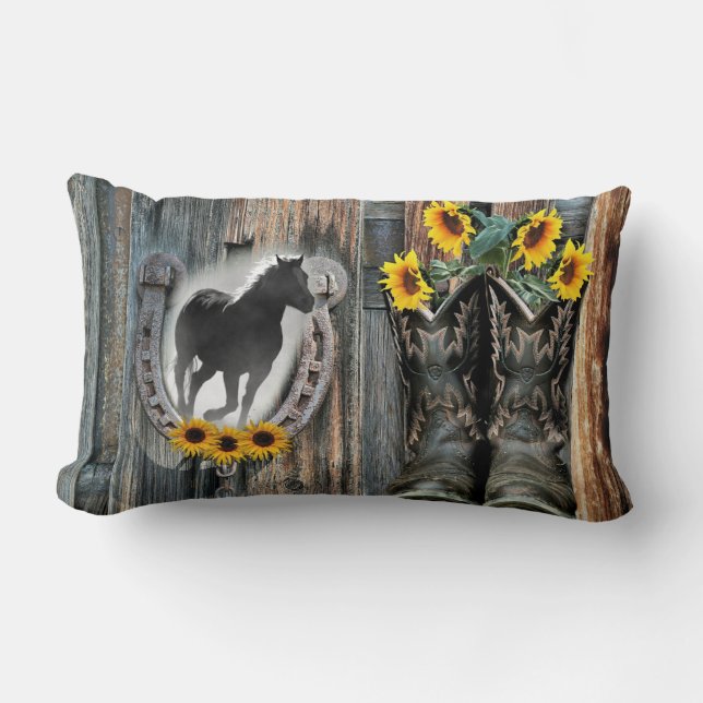 Galloping Horse Cowboy Boots Horseshoe Sunflowers Lumbar Pillow (Front)