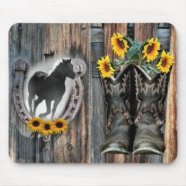 Galloping Horse Cowboy Boots Horseshoe Sunflowers Mouse Pad (Front)