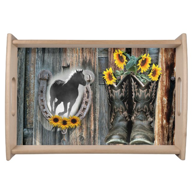 Galloping Horse Cowboy Boots Horseshoe Sunflowers Serving Tray (Front)
