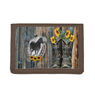 Galloping Horse Cowboy Boots Horseshoe Sunflowers Tri-fold Wallet