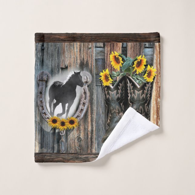 Galloping Horse Cowboy Boots Horseshoe Sunflowers Wash Cloth (Wash Cloth)