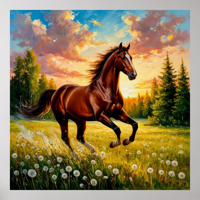 Galloping Horse in a Flowered Field Poster (Front)