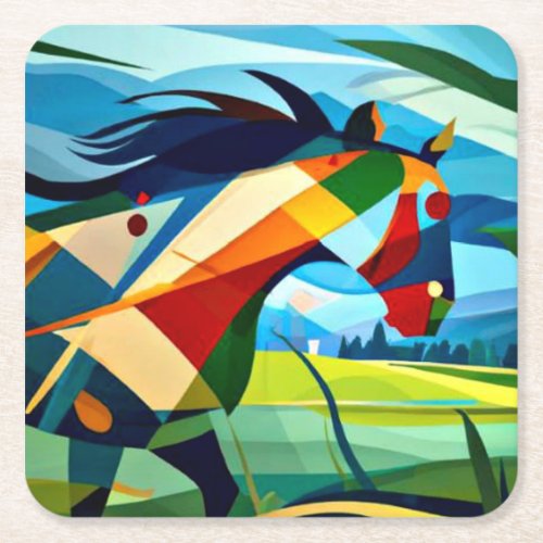 Galloping Horse in meadow Square Paper Coaster