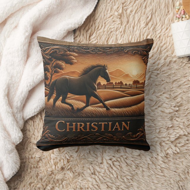 Galloping Horse in Scenic Landscape at Sunset Throw Pillow (Blanket)