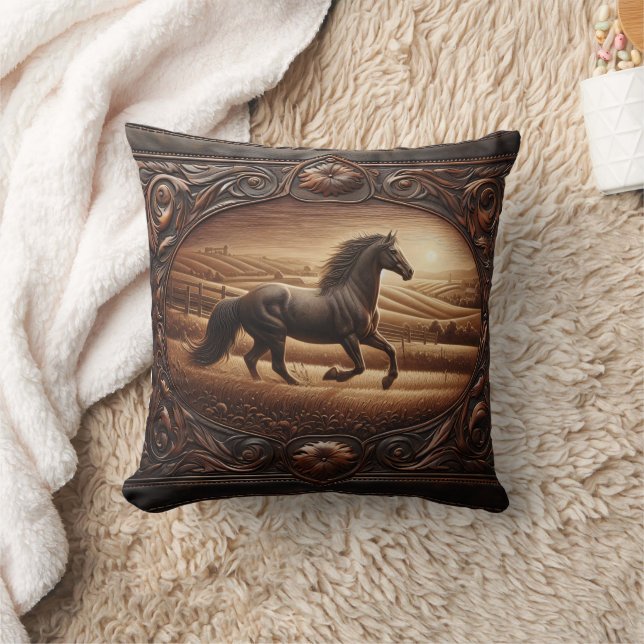Galloping Horse in Sunset Field Landscape Throw Pillow (Blanket)