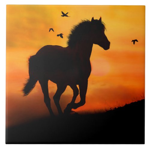 Galloping Horse in the Sunset With Birds Nature Ceramic Tile