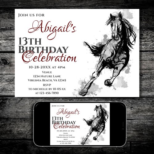 Galloping Horse Sketch Birthday Party Invitation