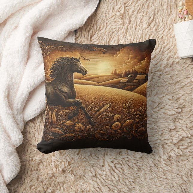 Galloping Horse Through Golden Fields at Sunset Throw Pillow (Blanket)