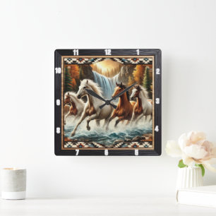 Galloping Horse Waterfall Square Wall Clock