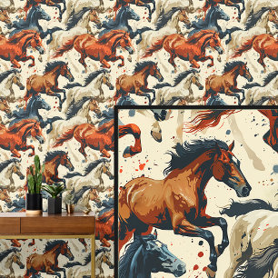 Galloping Horses Brown Cream White Wallpaper
