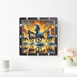 Galloping Horses Fire Square Wall Clock