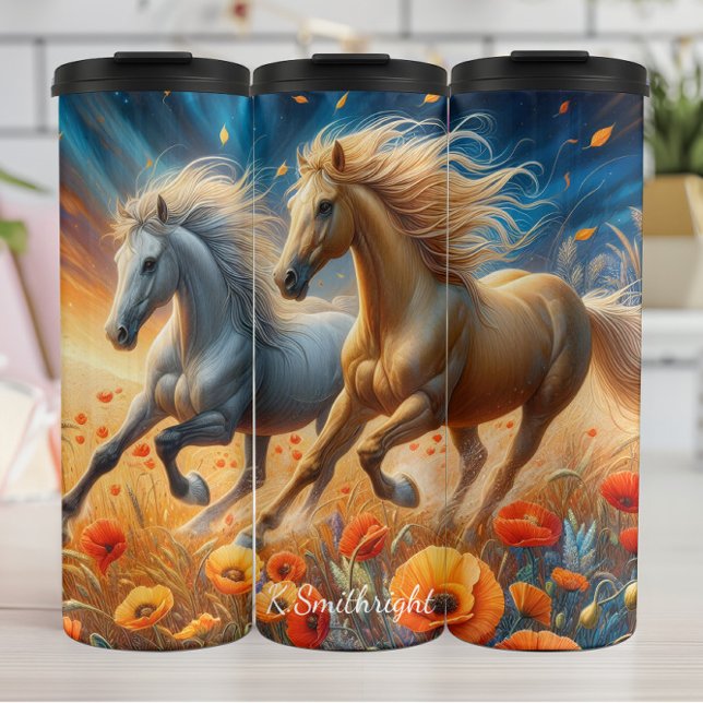 Galloping Horses Poppies Sunset Meadow Thermal Tumbler (Creator Uploaded)