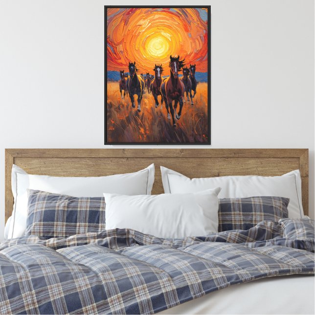 Galloping Horses Sunset Impressionist Art Canvas Print (Insitu(Bedroom))