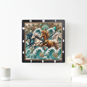 Galloping Horses Waves Square Wall Clock
