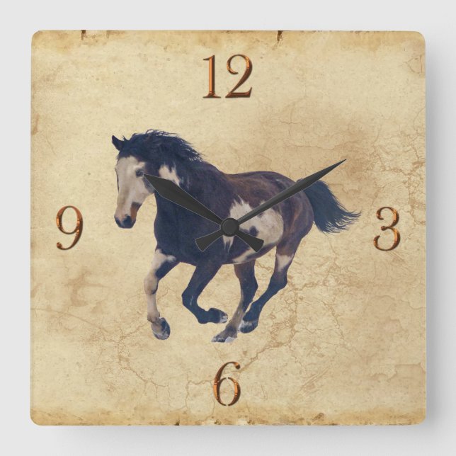 Galloping Pinto American Paint Stallion Horse Square Wall Clock (Front)